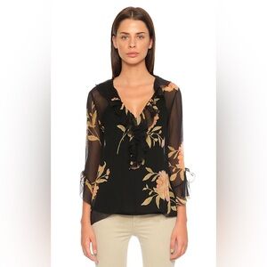 Polo Ralph Lauren (S) 100% Silk Floral Ruffle Sheer Black Work Career Blouse